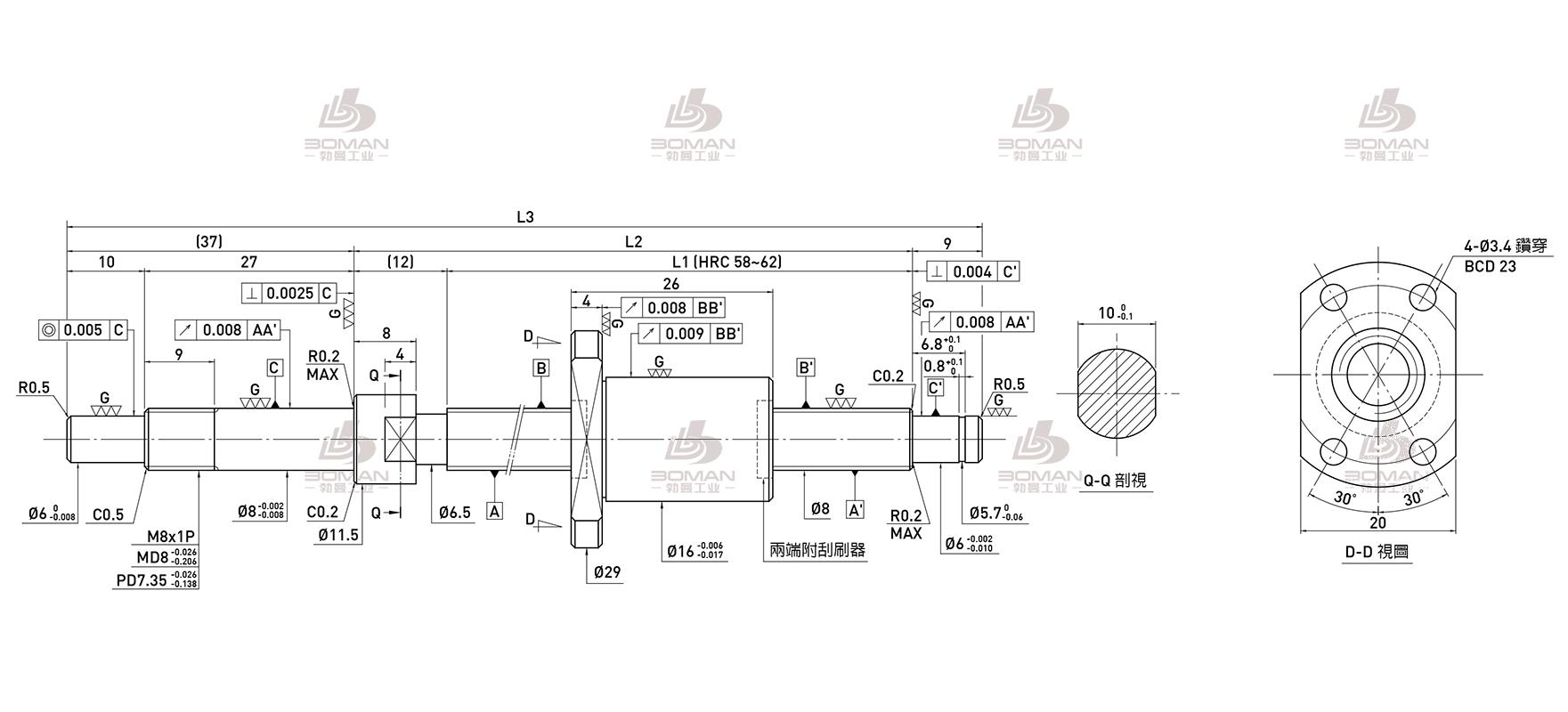 HIWIN上银 R8-2T3-FSI-80-138-0.008 上银滚珠丝杆规格尺寸